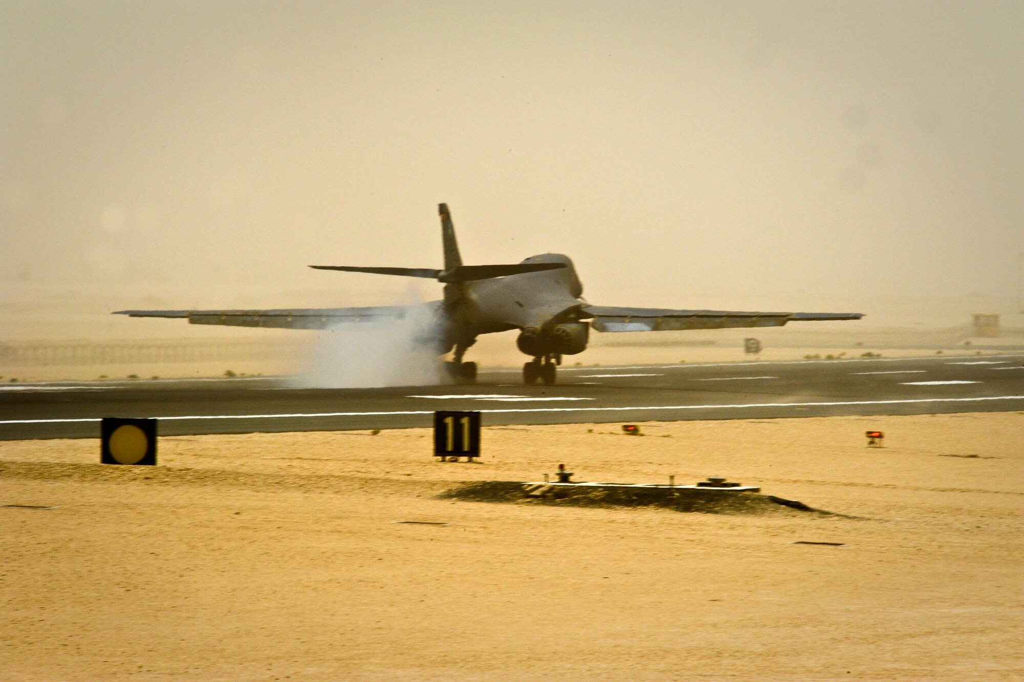 A B-1B Lancer assigned to the 34th Expeditionary Bomb Squadron returns from a mission, June 11, 2013, at the 379th Air Expeditionary Wing in Southwest Asia. (U.S. Air Force photo/Senior Airman Benjamin Stratton)