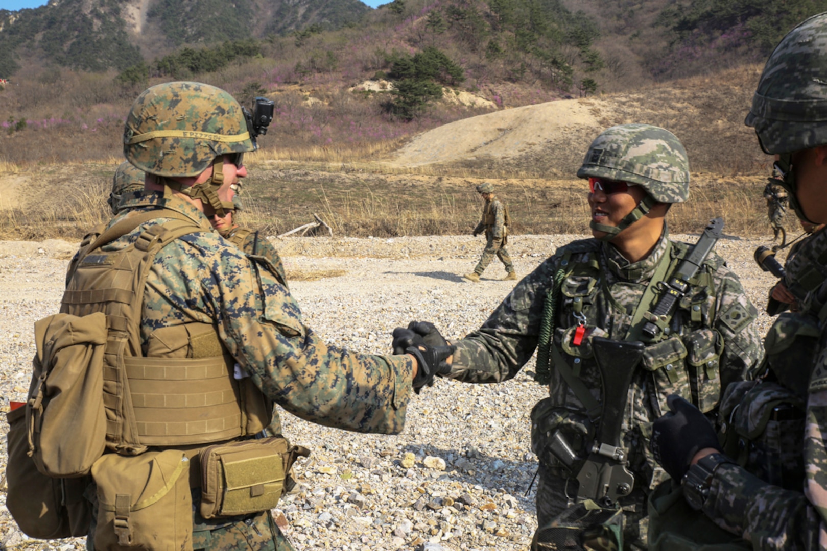 POHANG, South Korea (Mar. 29, 2015) - Cpl. Brennan Palmiter shakes hands with a Republic of Korea (ROK) Marine during Korean Marine Exchange Program (KMEP) 15 in the vicinity.  The 31st Marine Expeditionary Unit (MEU) participated in KMEP 15. The overall objectives of KMEPs are to enhance amphibious operations between ROK and U.S. forces that contributes to security and stability on the Korean Peninsula as well as the entire Asia-Pacific region. The ROK Marines are with 33rd Battalion, 1st ROK Marine Division, and the U.S. Marines are with Company E, Battalion Landing Team 2nd Battalion, 4th Marines, 31st MEU. 