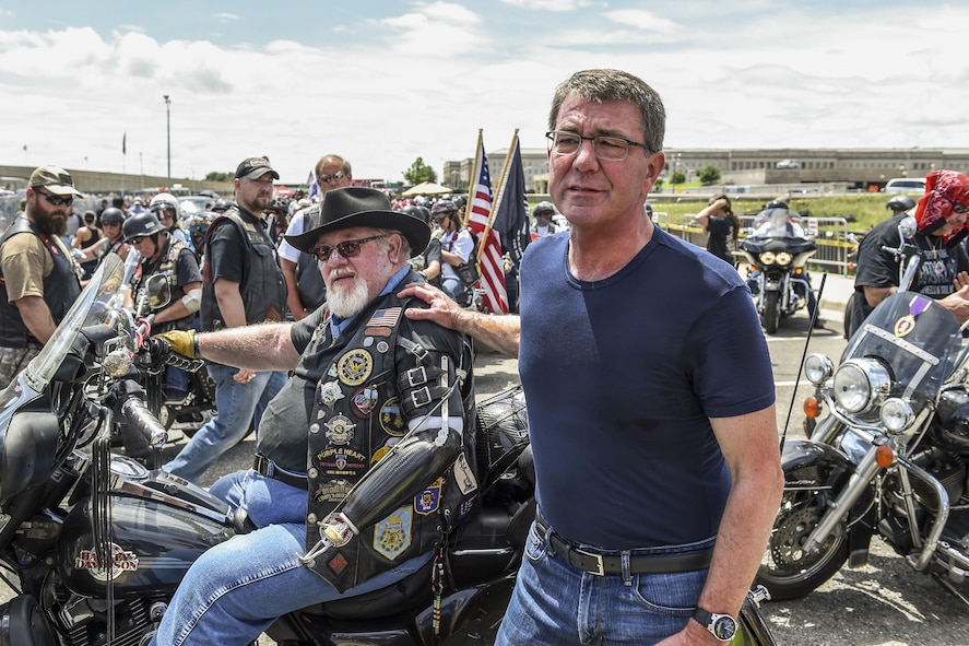 Defense Secretary Ash Carter talking with participants of the Rolling Thunder motorcycle ride.