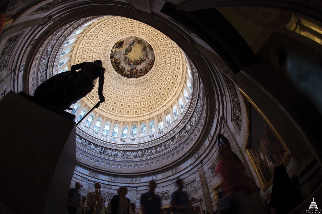 Statue of George Washington and Constantino Brumidi’s 1865 fresco, The Apotheosis of Washington, in Rotunda of U.S. Capitol Building, Washington, DC, September 6, 2016 (Architect of the Capitol)