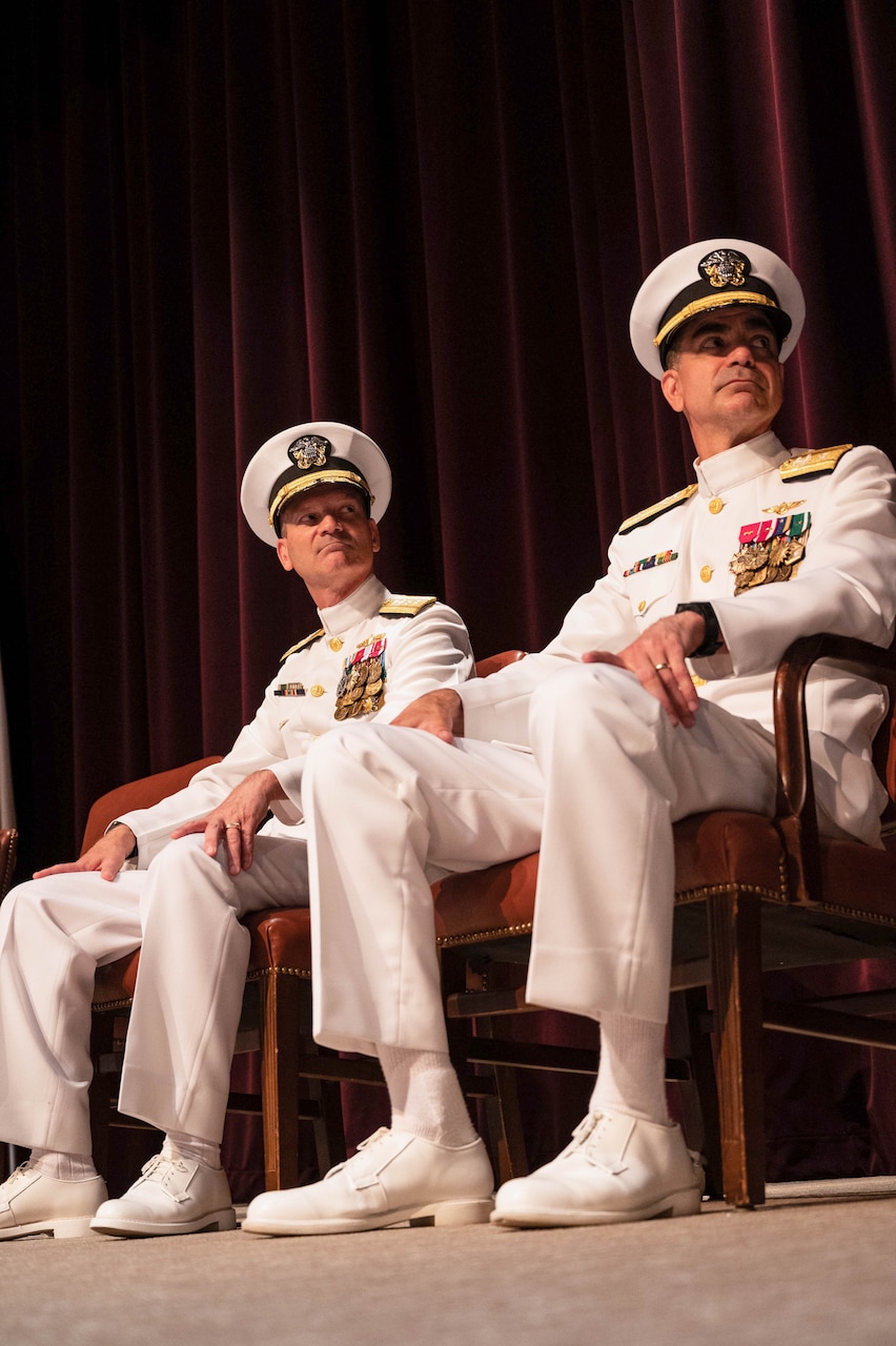 Rear Adm. Michael J. Steffen relieved Rear Adm. John A. Schommer as commander, Navy Reserve Forces Command (CNRFC) during a change of command ceremony at the Joint Forces Staff College in Norfolk, Virginia, July 11. (U.S. Navy photo by Mass Communication Specialist 2nd Class Tyra Campbell)