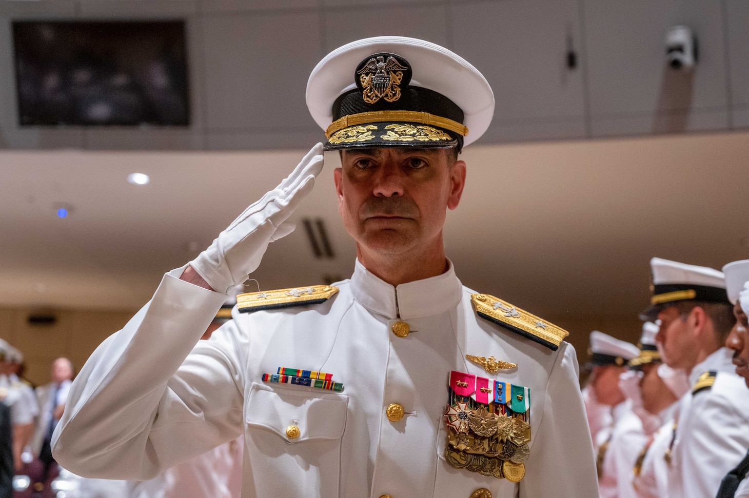 Rear Adm. Michael J. Steffen relieved Rear Adm. John A. Schommer as commander, Navy Reserve Forces Command (CNRFC) during a change of command ceremony at the Joint Forces Staff College in Norfolk, Virginia, July 11. (U.S. Navy photo by Mass Communication Specialist 2nd Class Tyra Campbell)