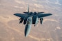 A U.S. Air Force F-15E Strike Eagle conducts combat patrols over the U.S. Central Command area of responsibility Oct. 20, 2024. The F-15E is deployed within the USCENTCOM AOR to help defend U.S. interests, promote regional security, and deter aggression in the region. (U.S. Air Force photo)