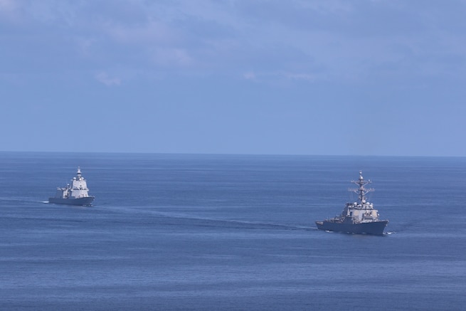 U.S. CENTRAL COMMAND AREA OF RESPONSIBILITY (Oct. 18, 2024) The U.S. Navy Arleigh Burke-class guided-missile destroyer USS O’Kane (DDG 77) and the Italian Navy Thaon di Revel-class Multipurpose Combat Ship ITS Raimondo Montecuccoli (P 432) sail alongside each other in the U.S. Central Command area of responsibility. (Official U.S. Navy photo)