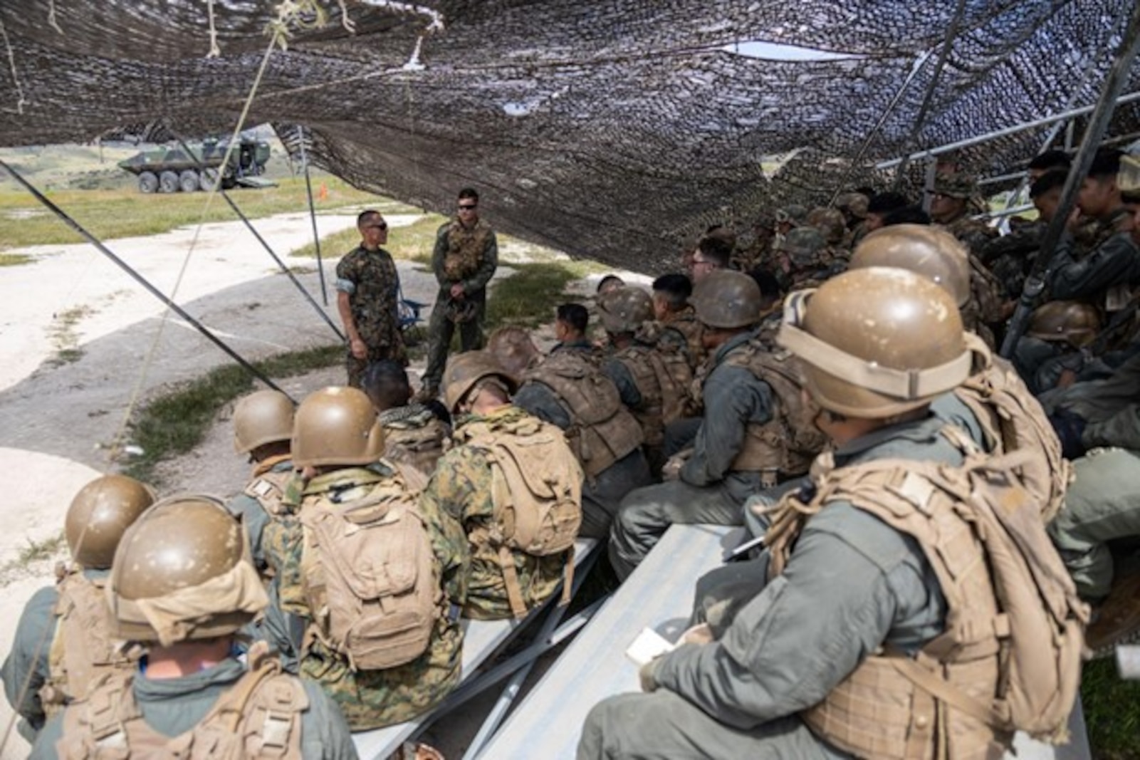 U.S. Marine Corps Sgt. Maj. Carlos Granados, the sergeant major of Assault Amphibian School, delivers remarks during an amphibious combat vehicle gunnery field exercise at Range 407 at Marine Corps Base Camp Pendleton, California, March 26, 2024. For the gunnery field exercise, AAS students learned to fire the MK19 40 mm automatic grenade launcher and the M2A1 .50-caliber machine gun utilizing the common remotely operated weapons systems. The Marine Corps is taking a deliberate approach to fielding the ACV to the Fleet Marine Force to ensure our Marines understand the platform’s capabilities and can operate it safely and proficiently.