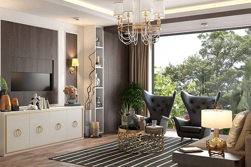 Luxury interior design living room conceal the necessary with a flip-up TV unit.