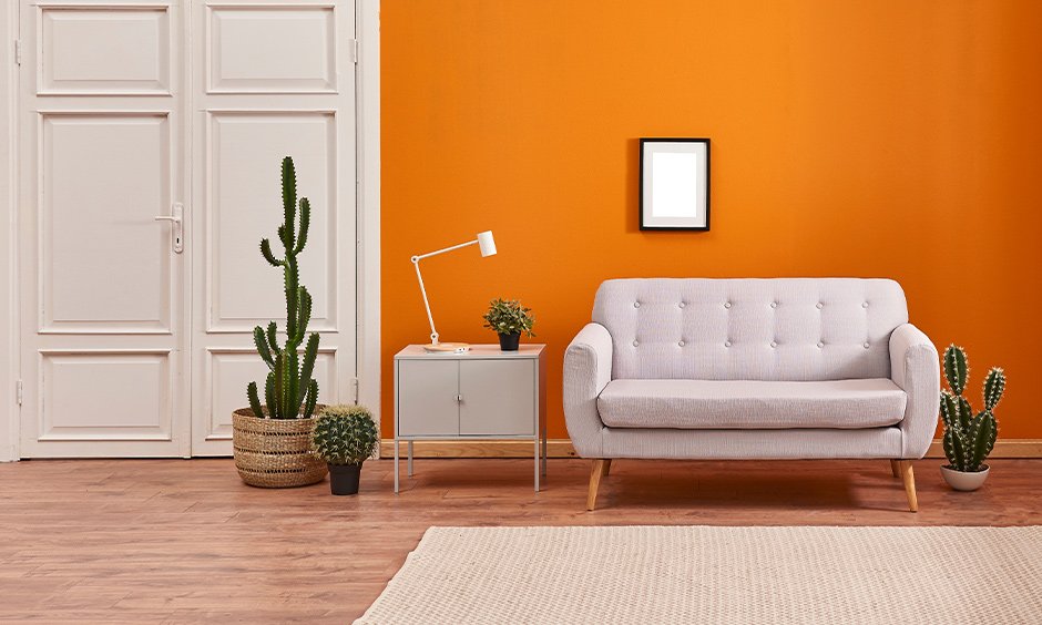 A tangy colour combination for hall where orange wall is a white door with wooden panelling work