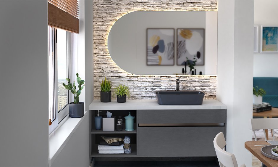 Grey coloured wash basin with a unique design in the dining room