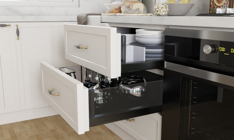 Glassware pull-out drawers with separators for kitchen cabinets