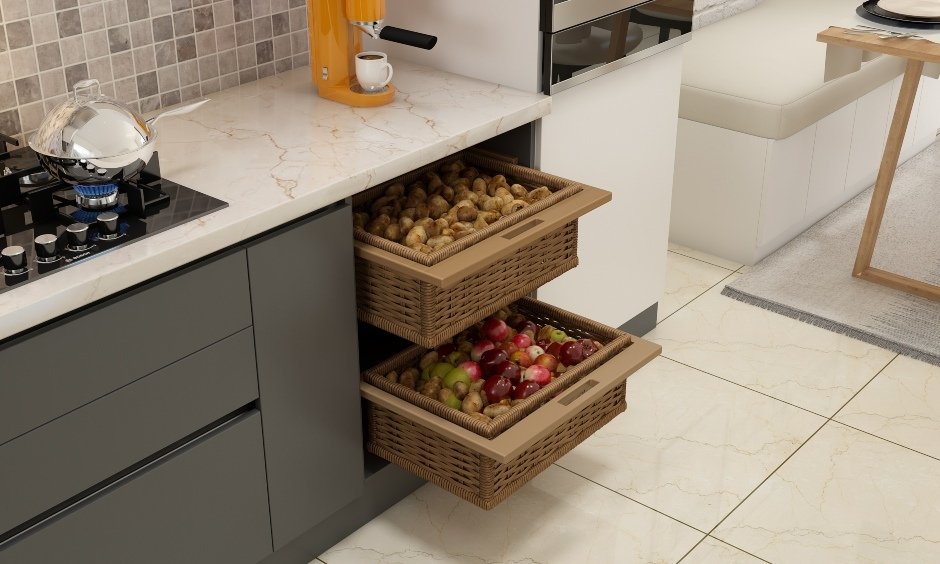 Pull-out wicker basket for clutter-free and charming kitchen storage