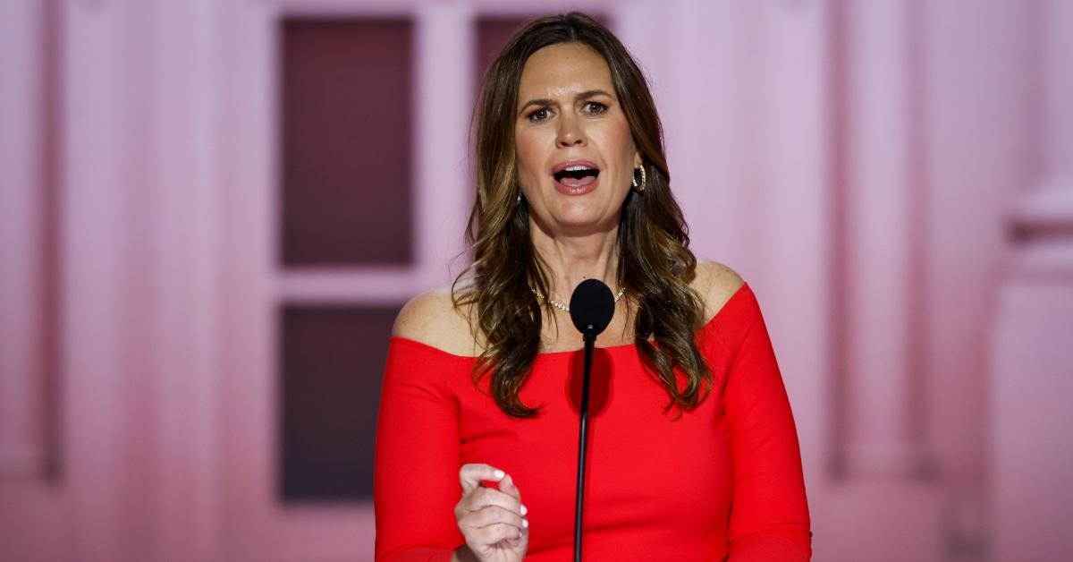 Arkansas Gov. Sarah Huckabee Sanders speaks on stage on the second day of the Republican National Convention.