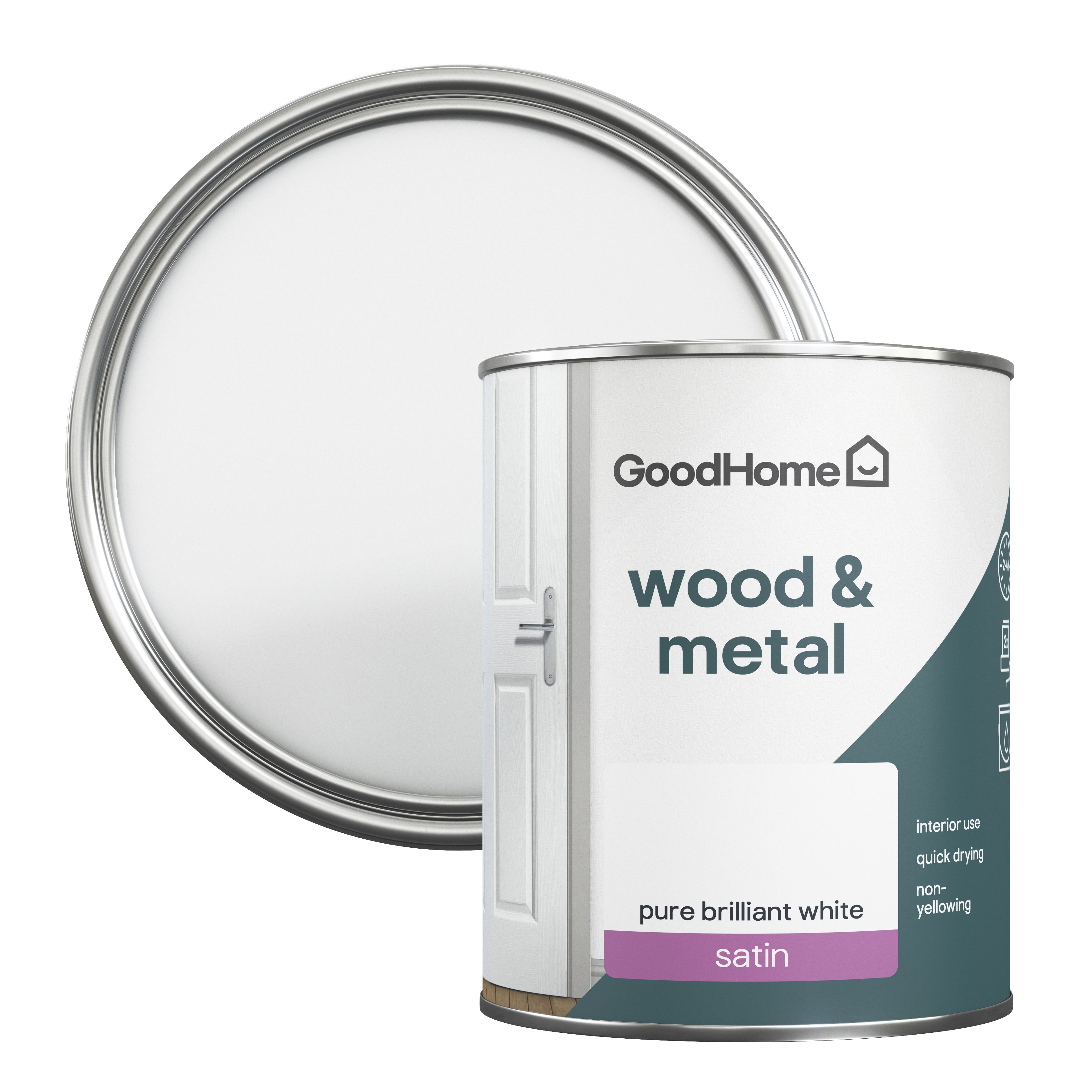 GoodHome Pure Brilliant White Satinwood Metal & wood paint, 750ml