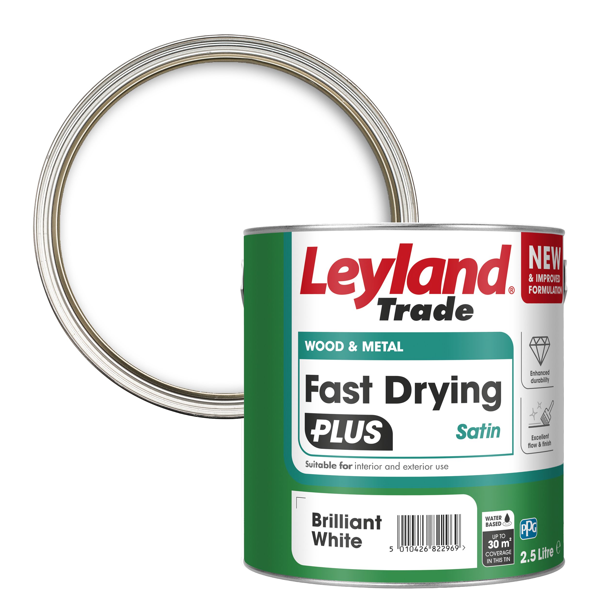 Leyland Trade Fast Dry Plus Brilliant White Satin Metal & wood paint, 2.5L