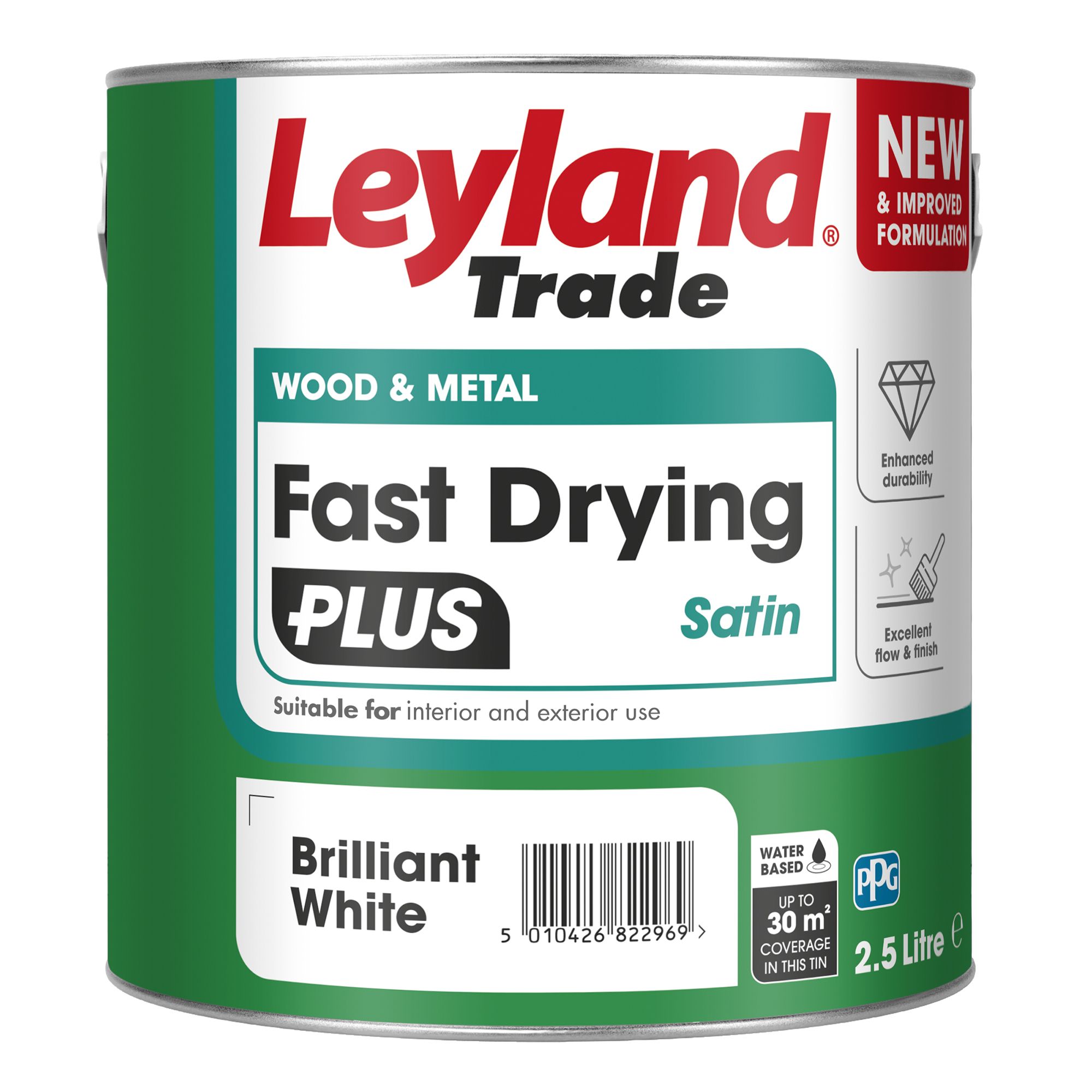 Leyland Trade Fast Dry Plus Brilliant White Satin Metal & wood paint, 2.5L