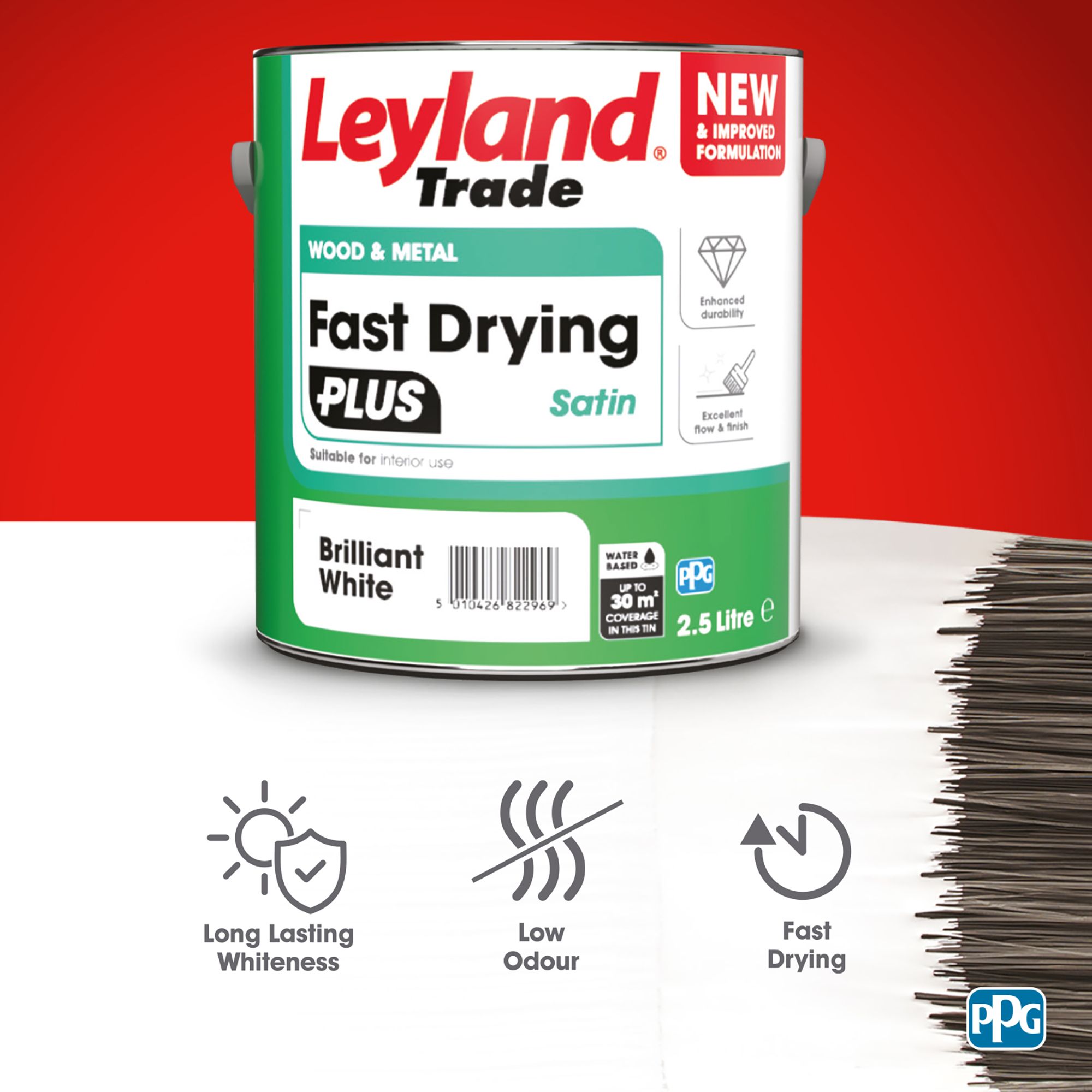 Leyland Trade Fast Dry Plus Brilliant White Satin Metal & wood paint, 2.5L