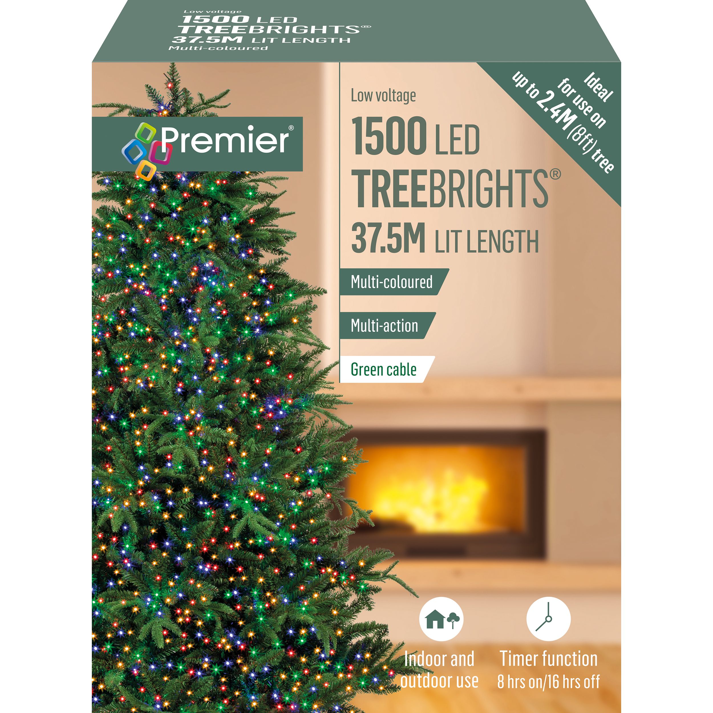 Multi-action 1500 Multicolour Treebrights LED With timer function String lights with 5m Green cable