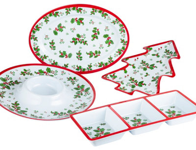 4pc Melamine Holly Serving Set