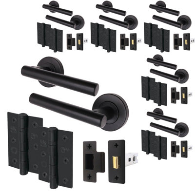 AFIT Matt Black Door Handle Latch set, Pack of 6 - Latch (64mm), Hinges (76mm) Olvera Range