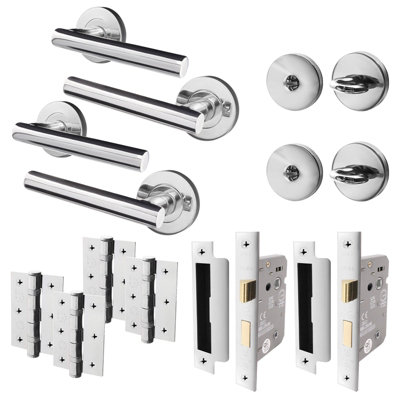 AFIT Polished Chrome Bathroom Door Handle Set - Pack of 2, Lock (64mm) & Hinges (76mm) Olvera Range