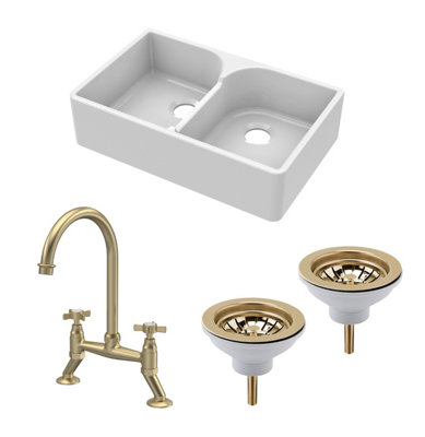 Fireclay Kitchen Bundle - Double Bowl Stepped Weir Butler Sink, Wastes & Bridge Crosshead Tap, 795mm - Brushed Brass - Balterley