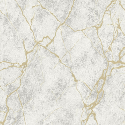 Grandeco Gold Veined Marble Blown Vinyl Wallpaper, White Grey