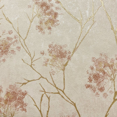 Sofia Soft Pink Gold & Cream Floral Sprig Italian Heavyweight Wallpaper M95670