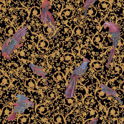 Versace Barocco Birds Wallpaper - Black and Gold - 37053-1 - 10m x 70cm