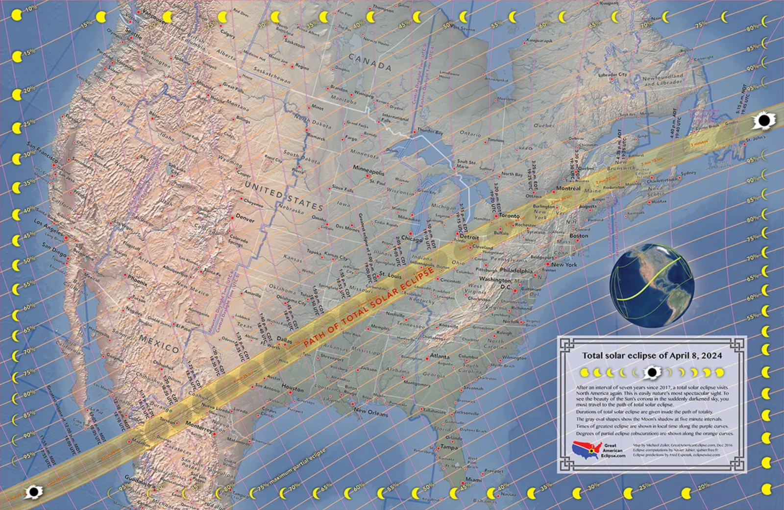 La trayectoria del eclipse solar total cruza desde Mxico atraviesa los Estados Unidos desde Texas hasta Maine y continúa...