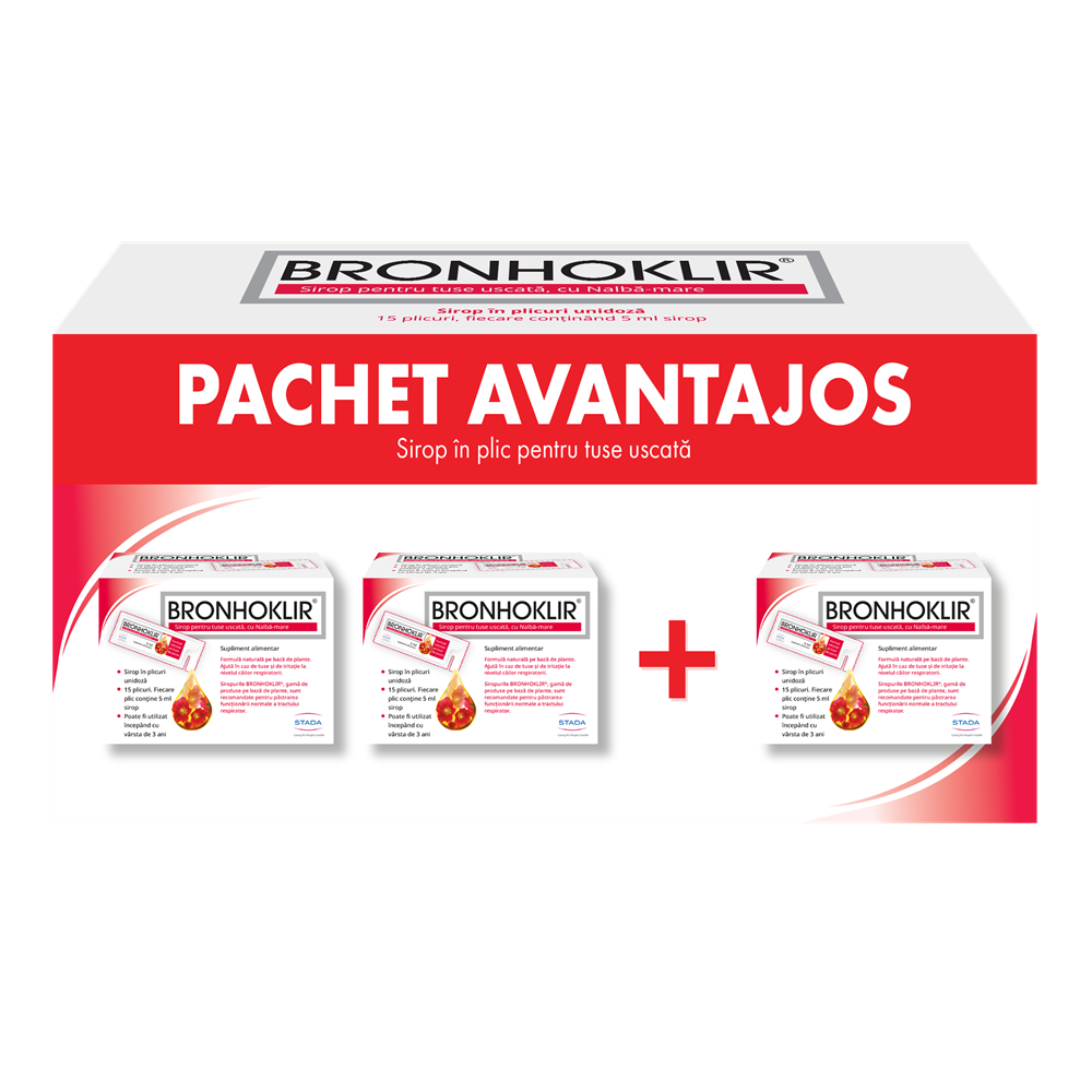 Pachet Bronhoklir sirop tuse uscata 2+1, 3 x 15 plicuri, Stada