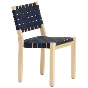 Dining chairs, Aalto chair 611, birch - black/blue webbing, Blue