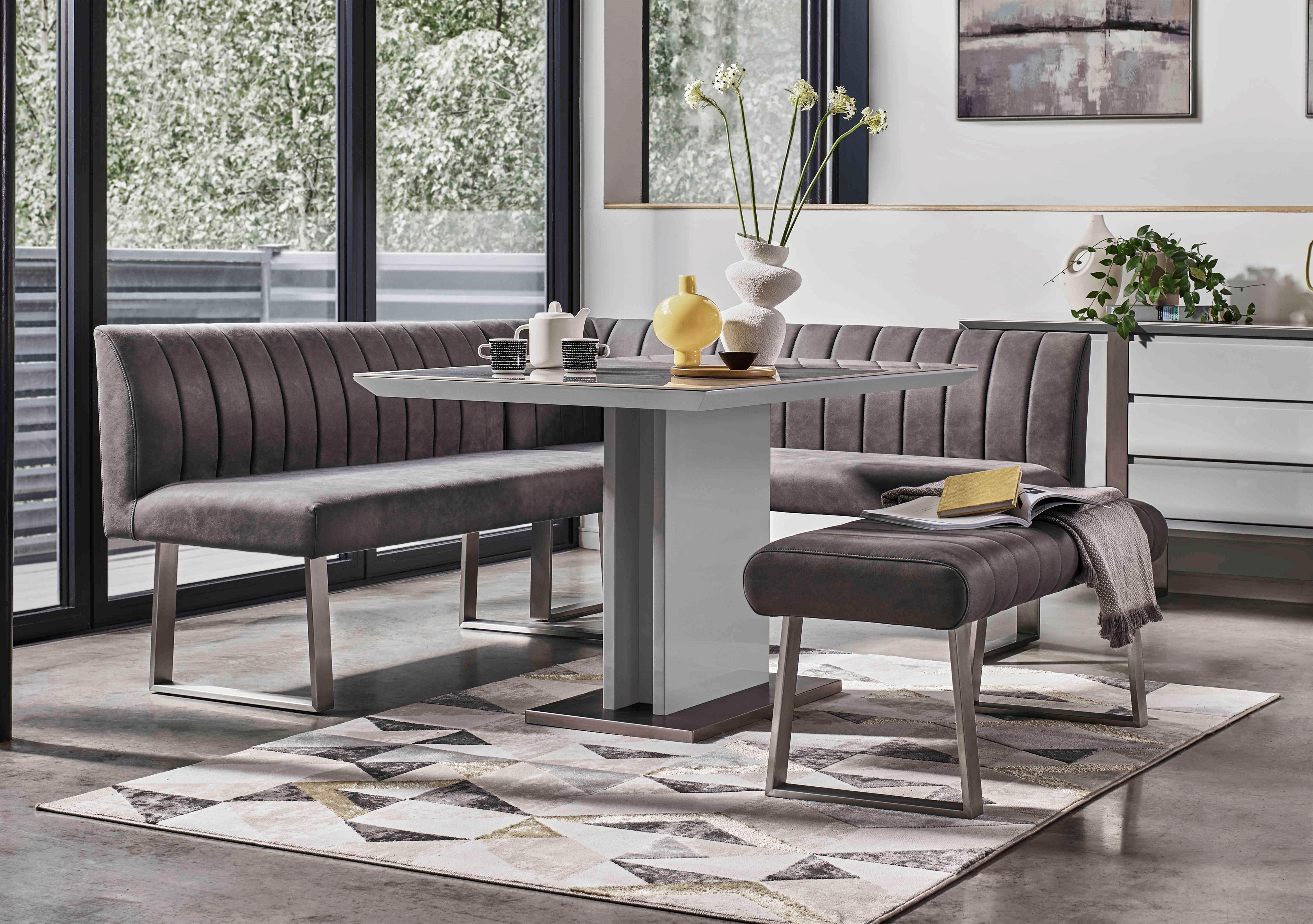 Grigio Fixed Dining Table, Right-Hand Facing Corner Bench and Small Standard Bench Dining Set in  on Furniture Village