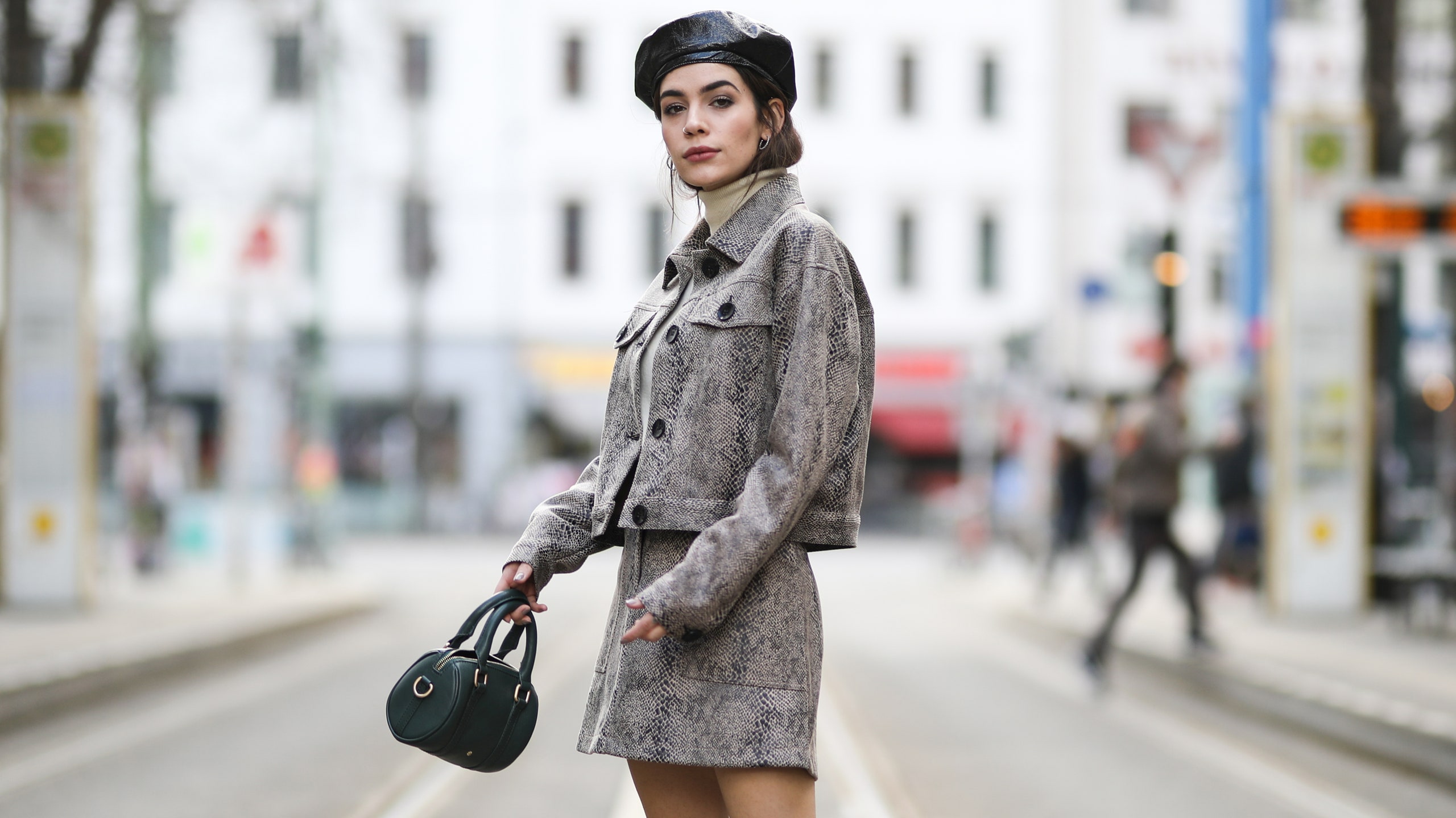 how to wear a beretFrankie Miles wearing animal print twinset jacket and skirt reserved snake print.