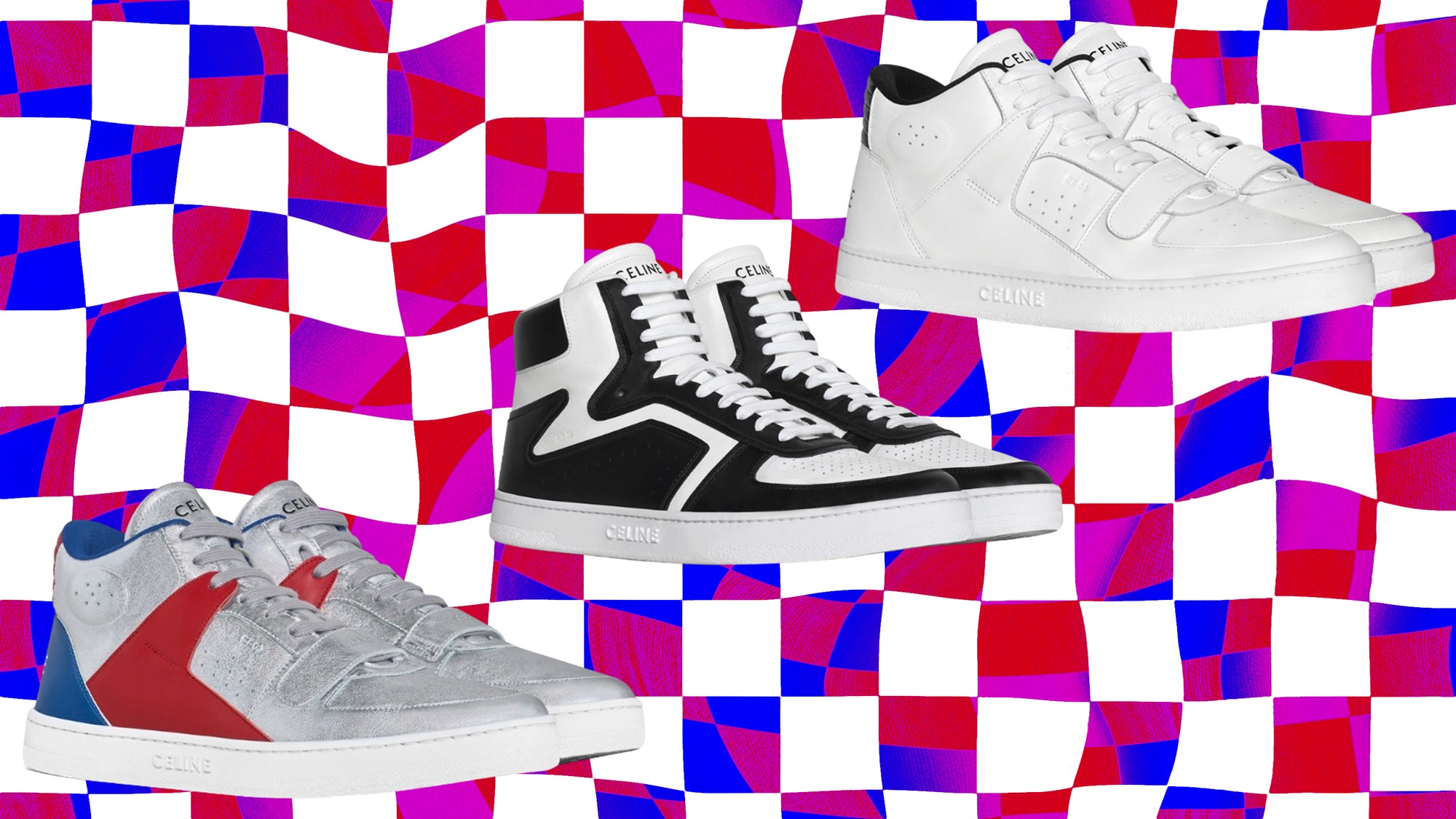 Three high top celine sneakers on a swirly checkered pink red and blue background