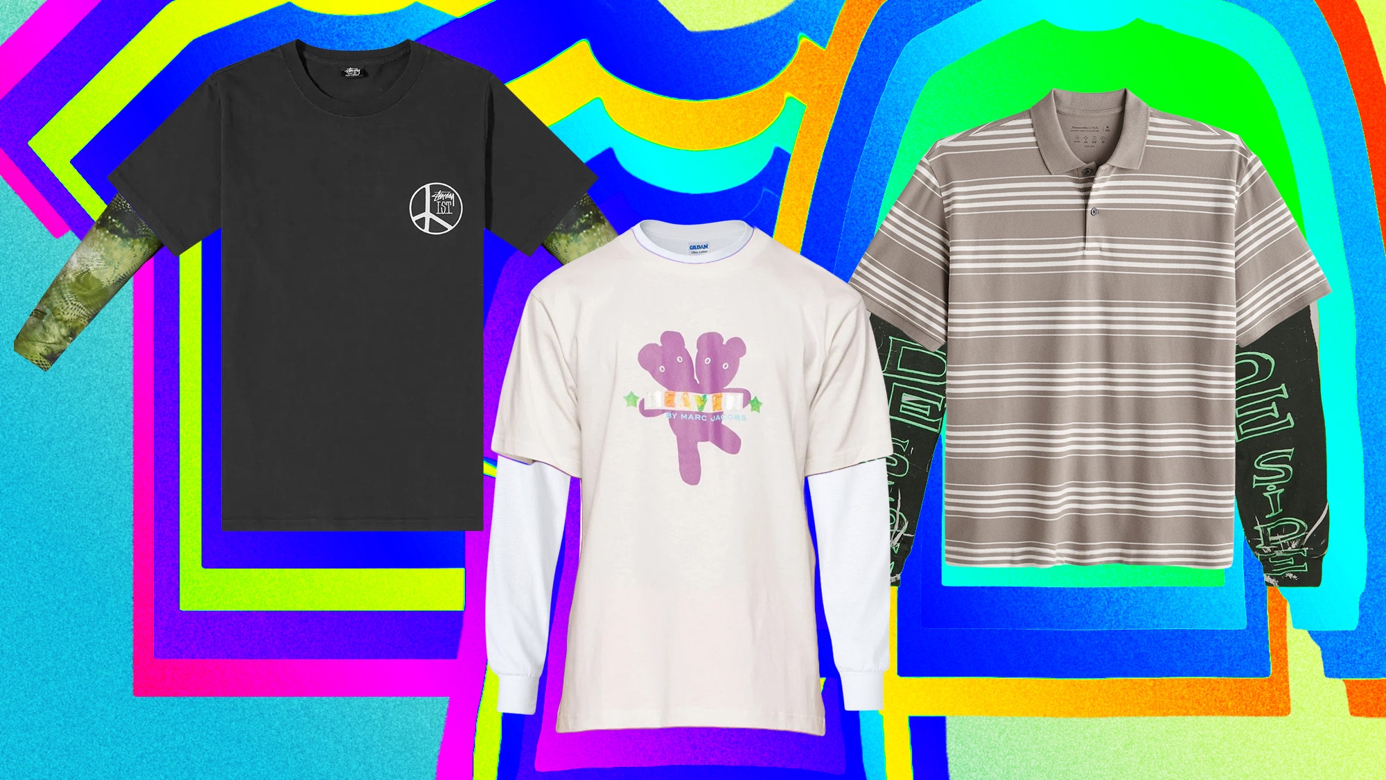 A collage of t shirts layered over long sleeve shirts with colorful silhouettes in the background