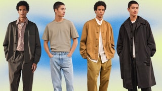 A collage of two different models wearing four different looks from the new uniqlo u collection on a colorful background