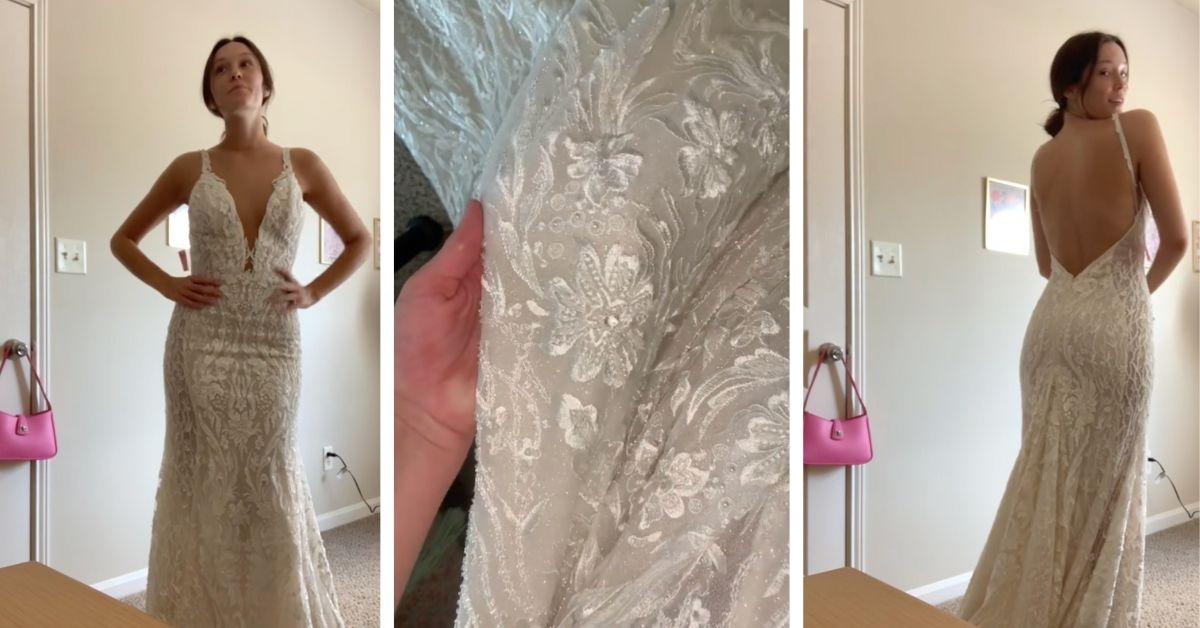 Screenshots from video of Galia Lahav wedding dress found at Goodwill. 