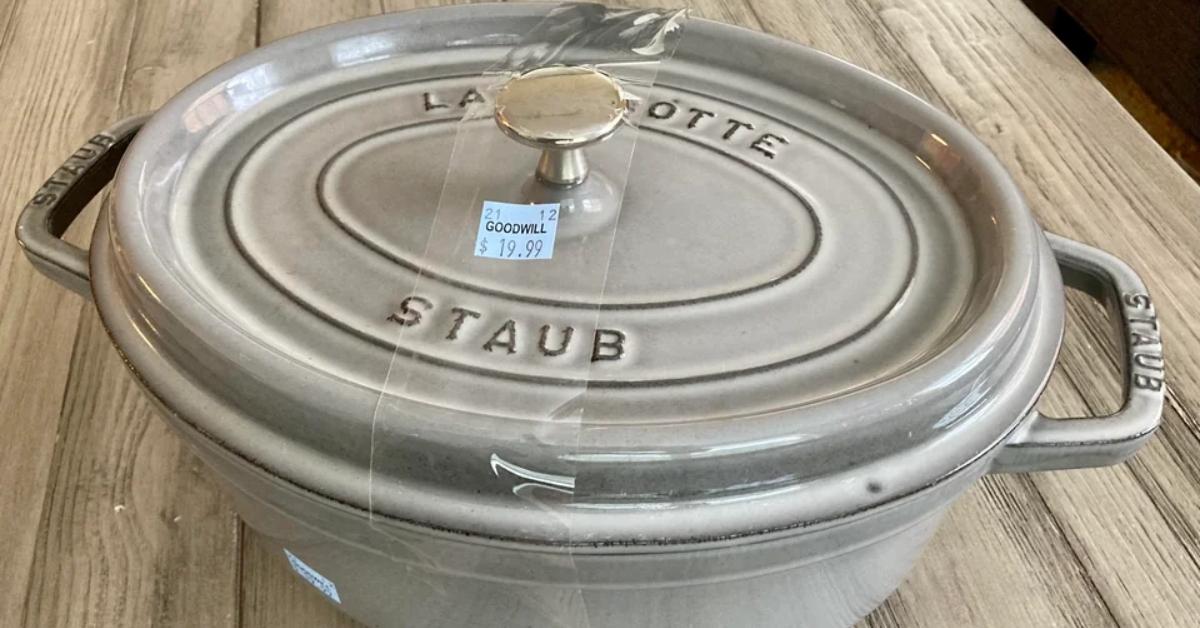 A Staub Dutch oven for sale at Goodwill. 