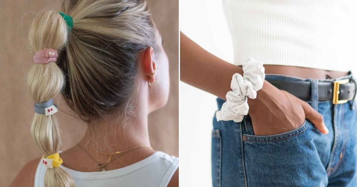 A blond woman's ponytail with different colored hair ties; a white scrunchie on the wrist of a Black woman