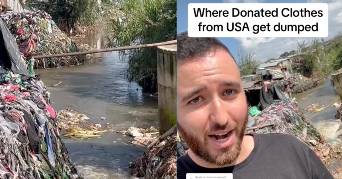 A screenshot from @roaringtravel's TikTok video featuring the Nairobi River covered in clothes (left). Rory Gallagher of @roaringtravel talks in a TikTok video about the clothing dumped in the Nairobi River (right). 