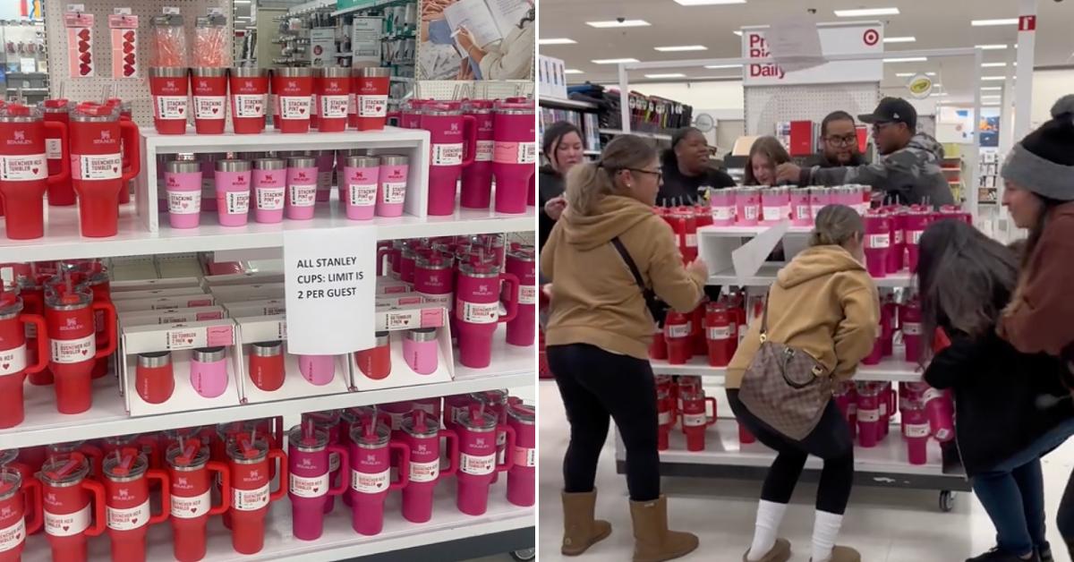 Side-by-side photos of Target's Valentine's Day Stanley water bottle display