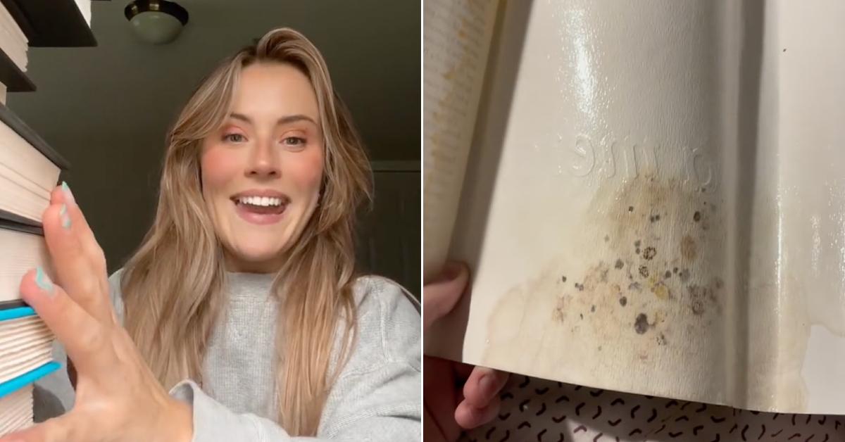 Side-by-side images of TikTokers discussing/showing off moldy books