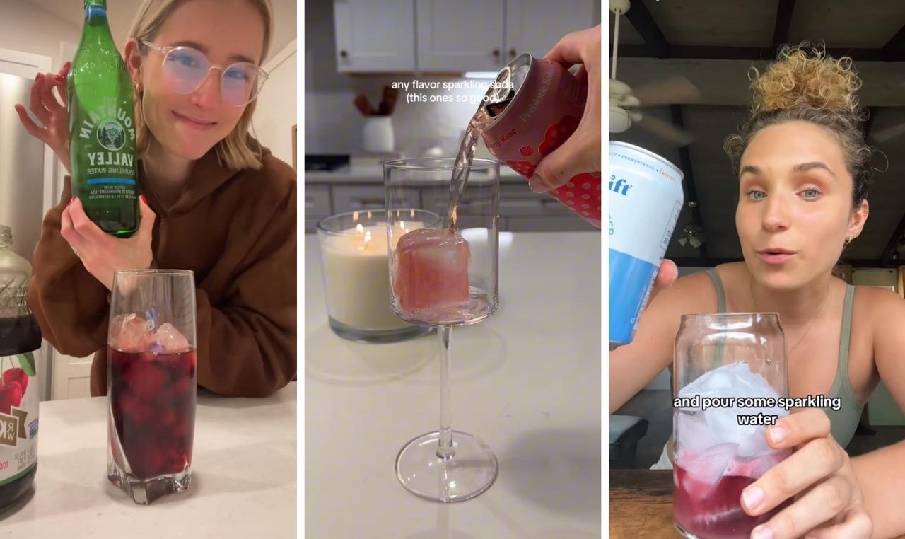 Three different screenshots from TikToks showing how to make a tart cherry juice mocktail.