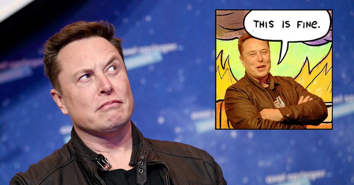 Elon Musk arrives on the red carpet for the Axel Springer Award 2020 on Dec. 1, 2020 in Berlin, Germany, overlaid with a meme of Elon Musk crossing his arms with a speech bubble saying "This is fine" in front of a cartoon fire background.