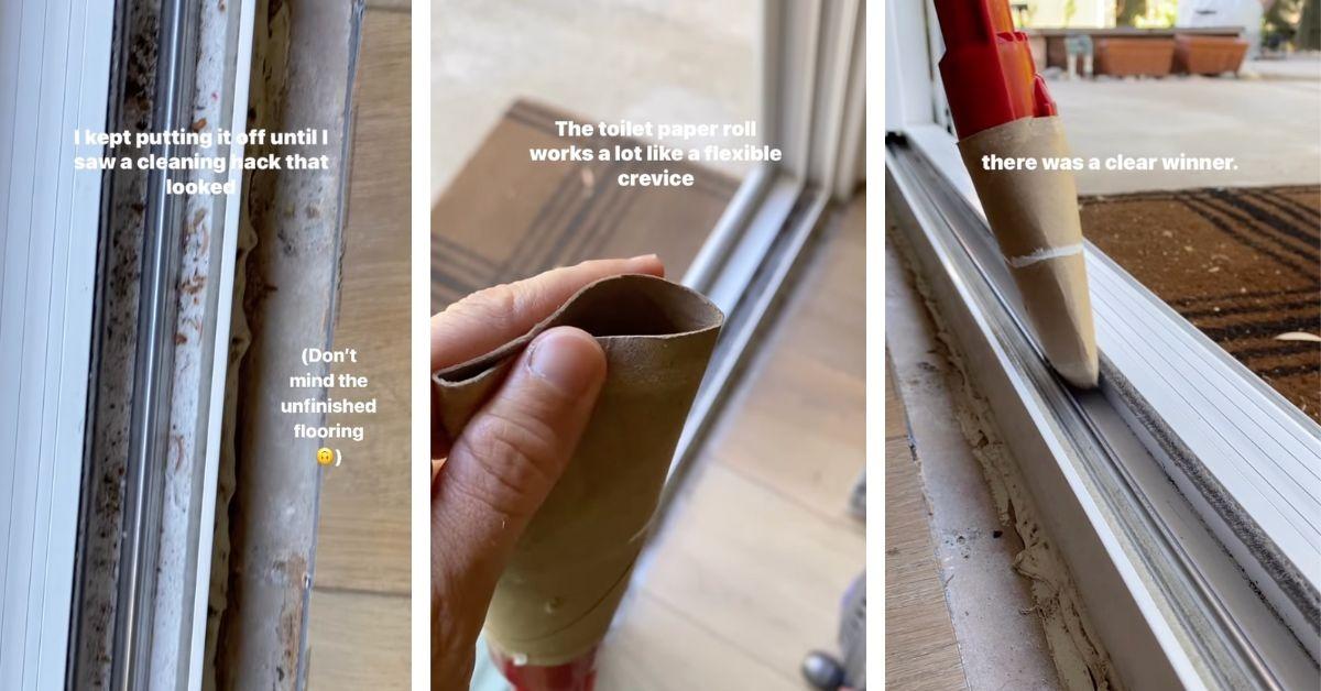 Screenshots of a video of using a toilet paper roll to vacuum sliding door tracks. 