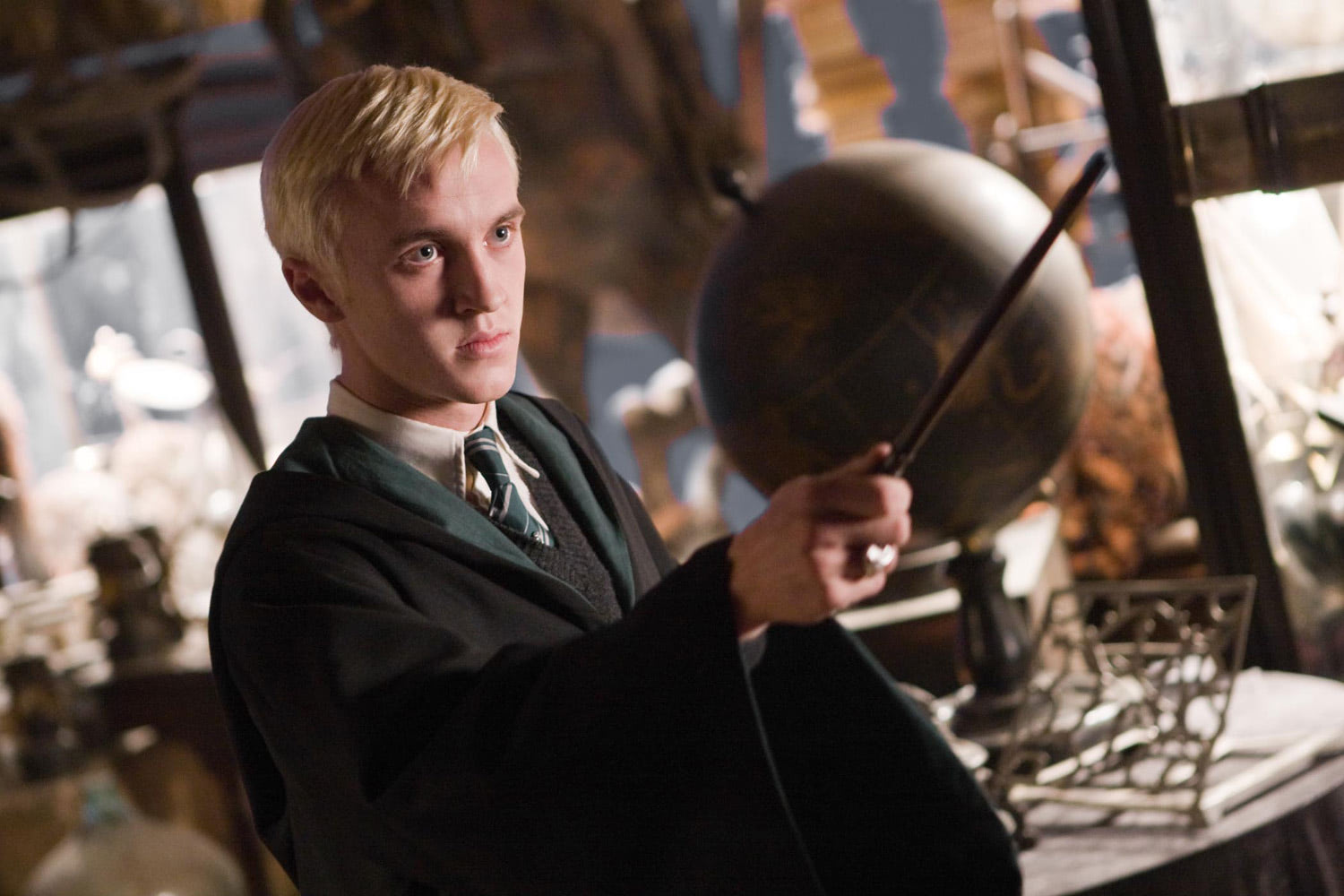 Draco with wand at the ready