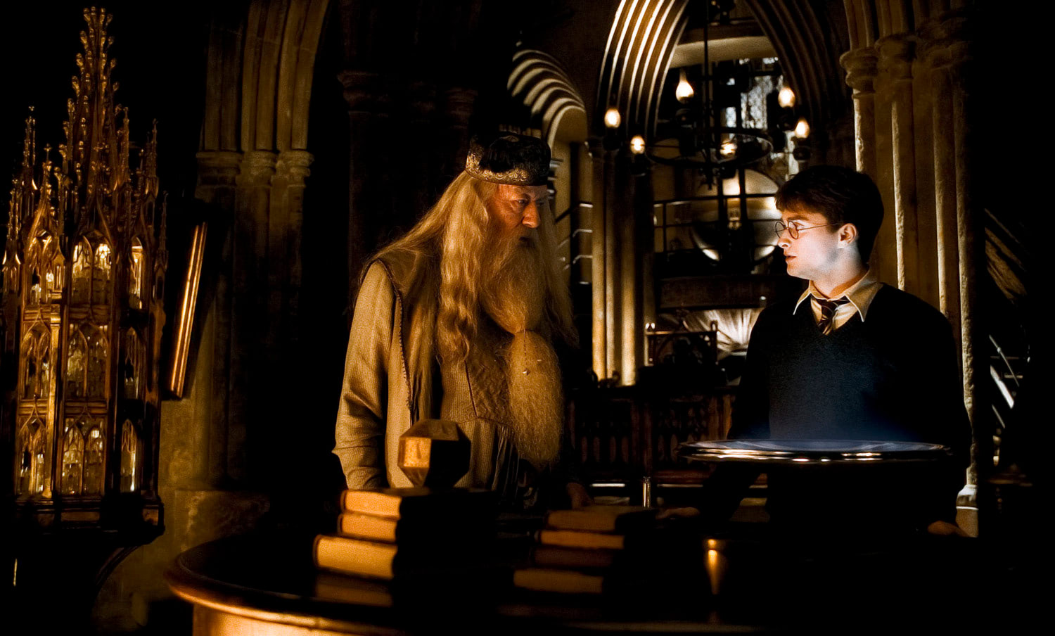 Dumbledore and Harry at the Pensieve