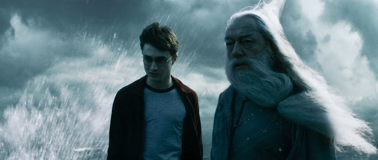 Harry and Dumbledore at the cave entrance