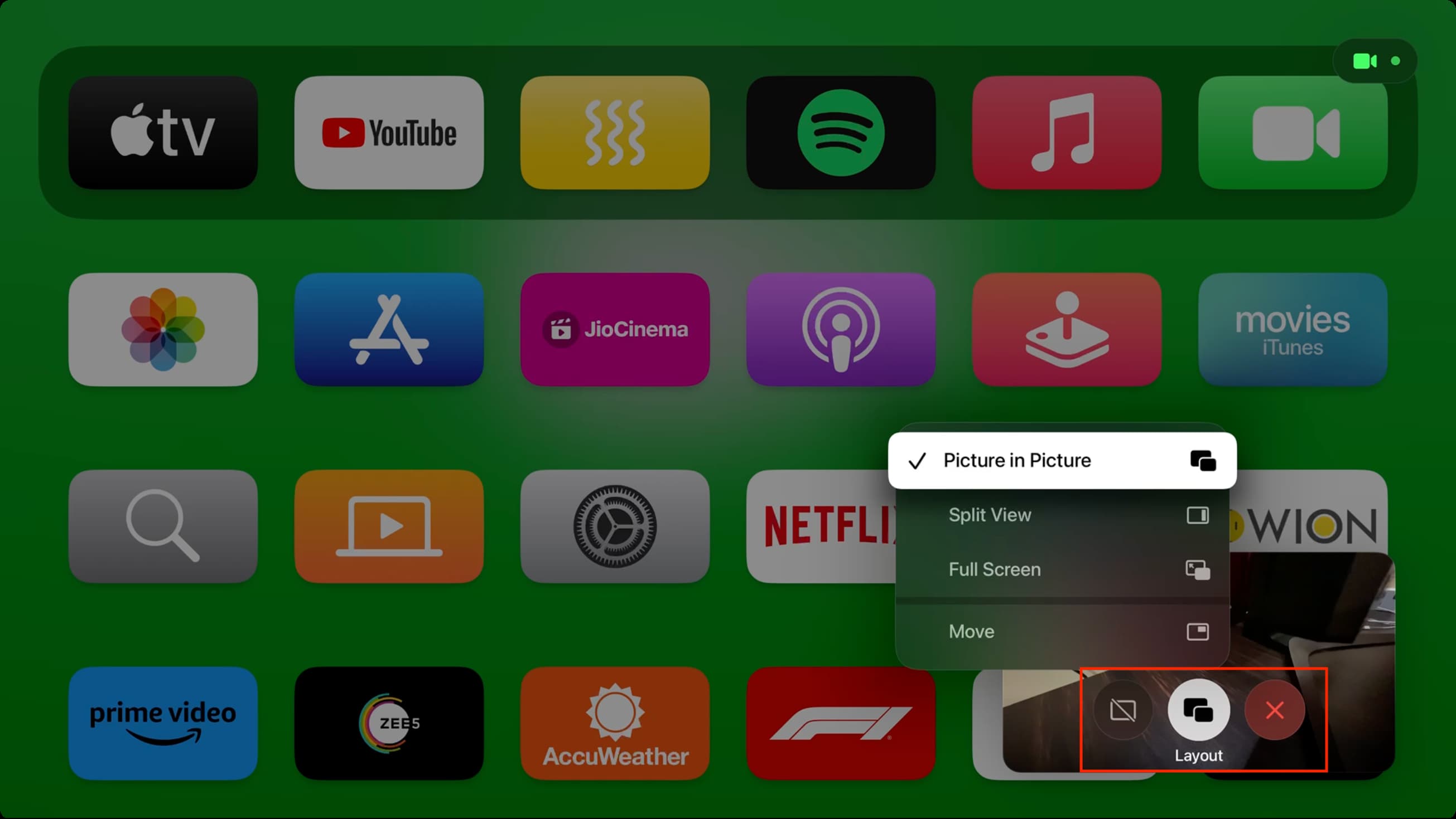 Picture in Picture controls for FaceTime on Apple TV