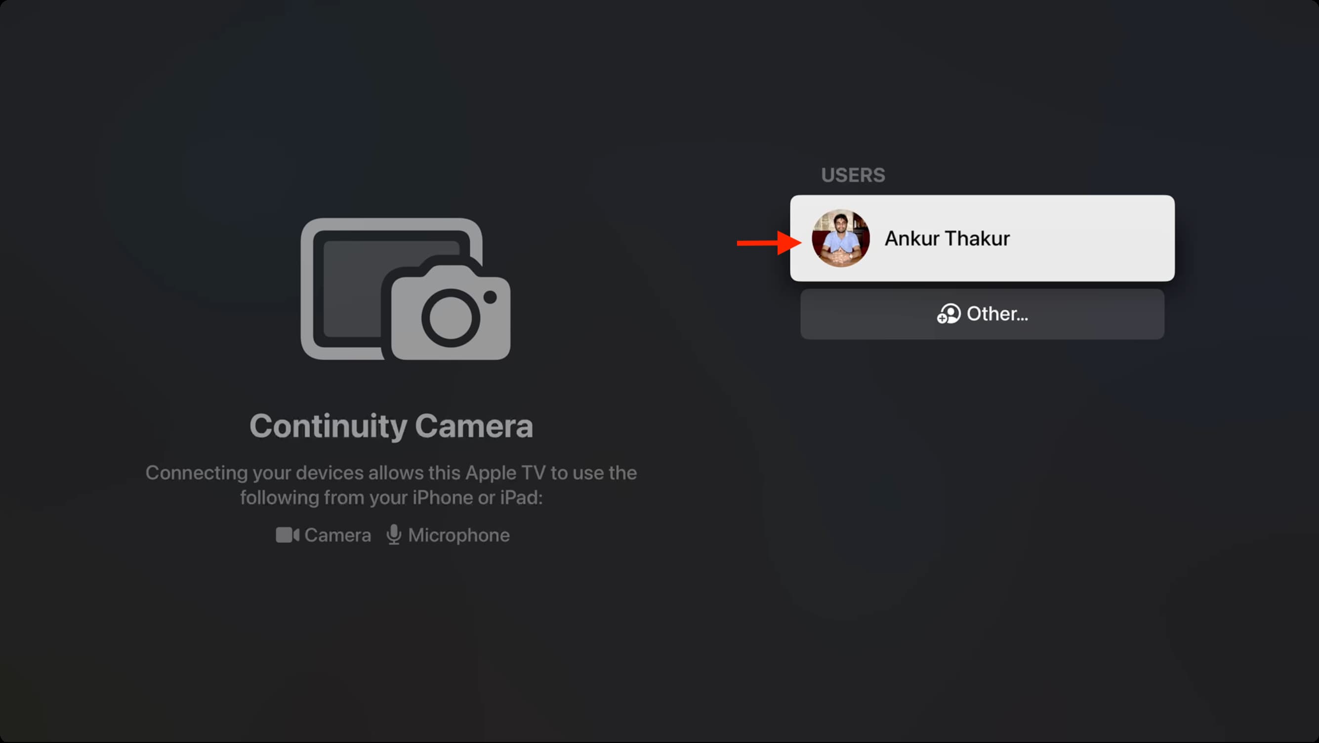 Select user inside FaceTime app on Apple TV