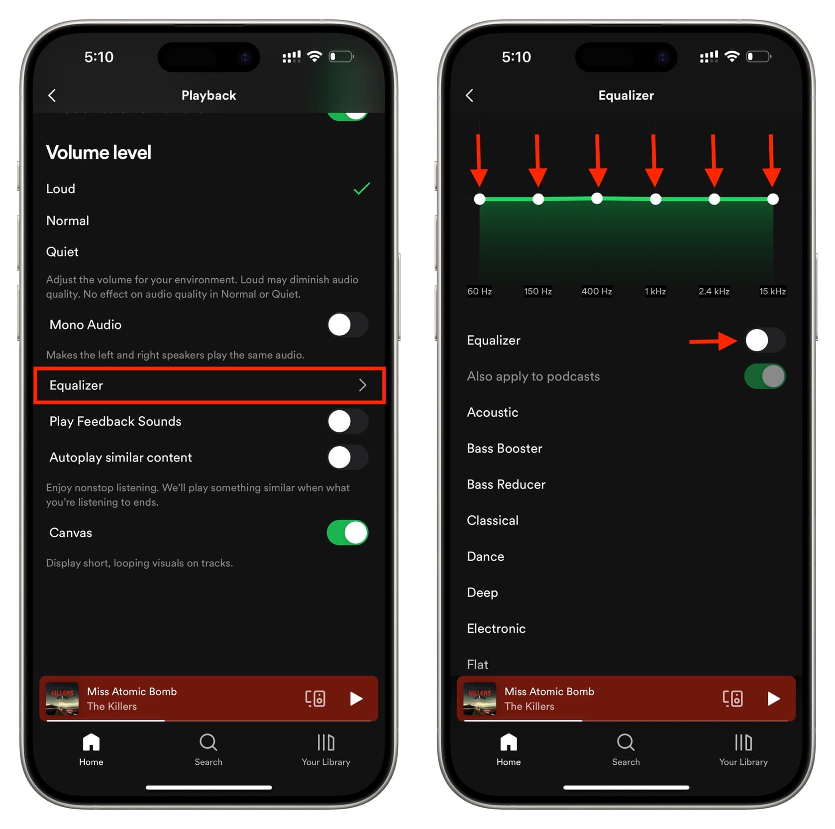 Access Equalizer settings in Spotify app on iPhone